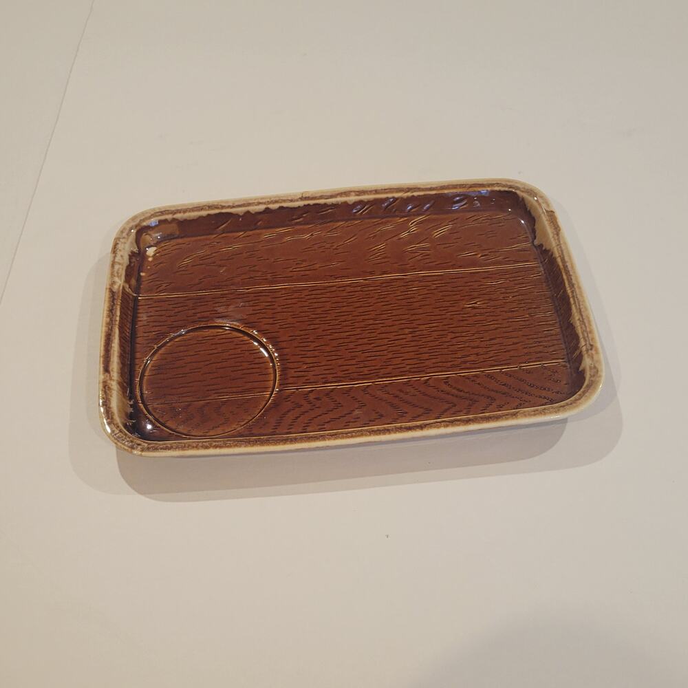 Vintage Brown Ceramic Tray Plate with cut for Cup Holder Made in USA